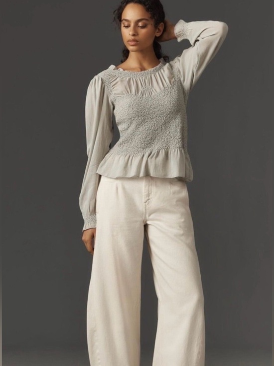 Anthropologie Tops - Anthropologie Balloon Sleeve Smocked Peplum Blouse Sage Green Size S